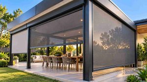 Ziptrak outdoor blinds enclosing a covered patio